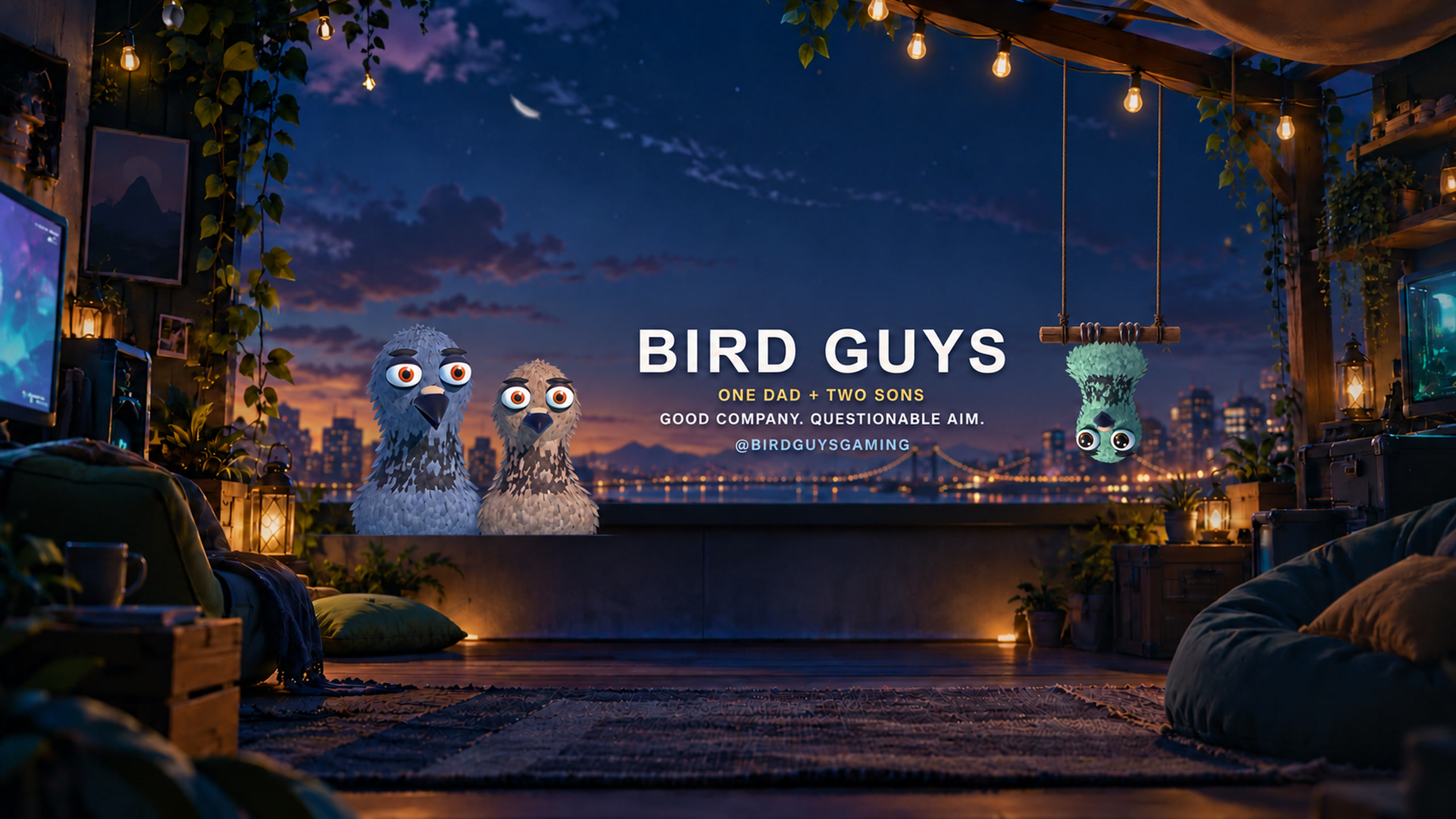 The Bird Guys in their cozy waterfront gaming room at dusk