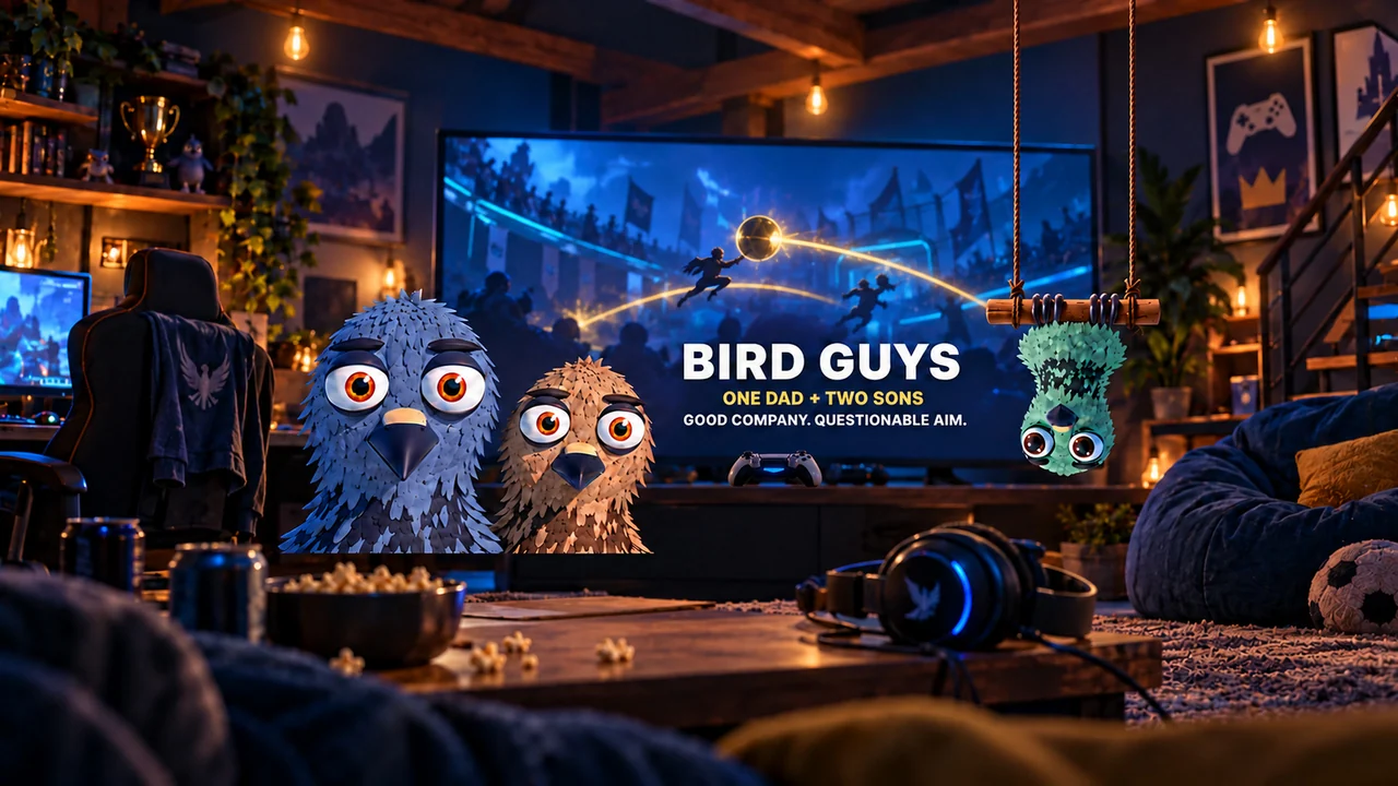 Bob and Rob beside a gaming screen, with Johnny hanging upside down from his perch in the Bird Guys gaming loft