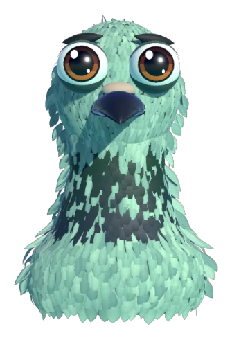 Johnny, the small mint-green pigeon with big brown eyes