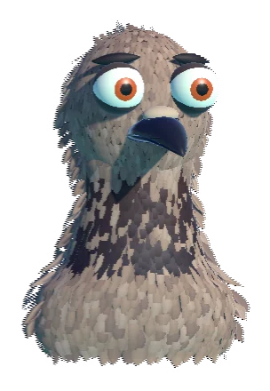 Rob, a warm brown pigeon with orange eyes